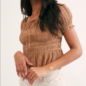 FREE PEOPLE VIVI SMOCKED STRIPE TOP XS SPRING SUMMER BLOUSE SHIRT PUFF SLEEVES